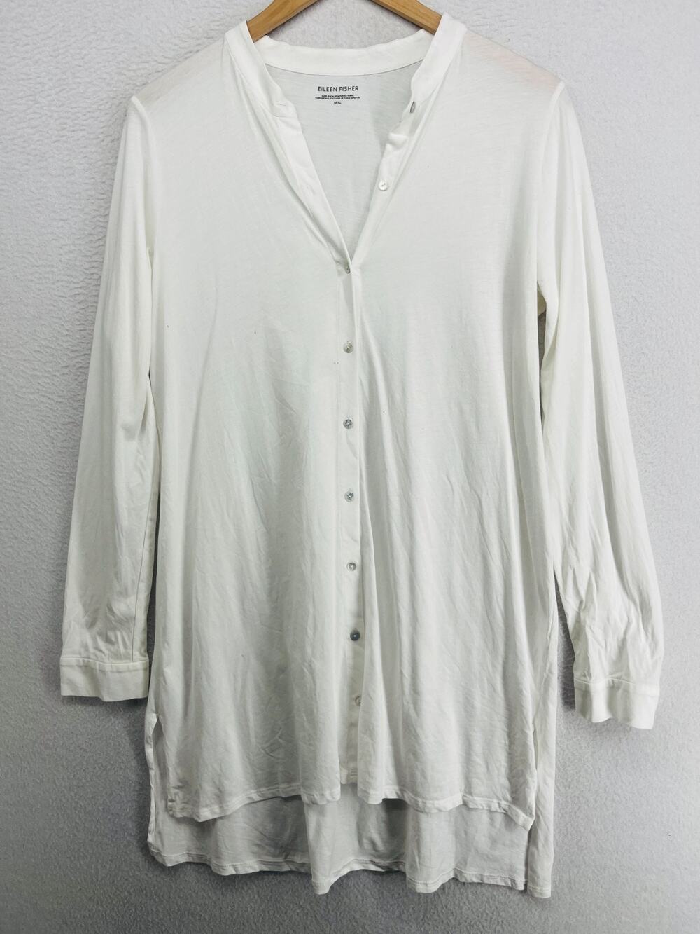 EILEEN FISHER Tunic M Organic Cotton Jersey Mandarin Shirt Button Up White USA